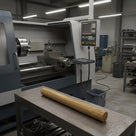 Tan phenolic laminate rod on a bench in front of a lathe in an engineering workshop
