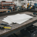 Fanned stack of white HDPE sheets on a workshop bench with a tape measure and craft knife