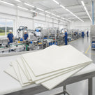 Stack of white HDPE sheets fanned on a bench in a bright factory, assembly line and staff behind