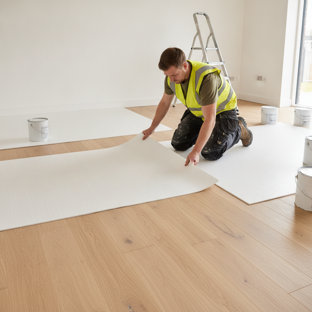 Builder laying white corrugated plastic floor protection sheets on hardwood floor during UK home renovation