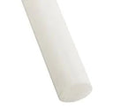 Cropped close-up of a natural off-white acetal rod on white, angled cut end low in the frame