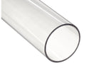 Single colourless clear polycarbonate tube lying at an angle, cut end towards the camera, on a white studio background.