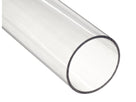 Single colourless clear polycarbonate tube lying at an angle, cut end towards the camera, on a white studio background.