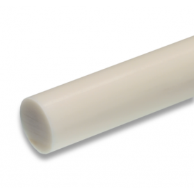 Off-white polypropylene rod standing at an angle on white, shaded end face at the bottom