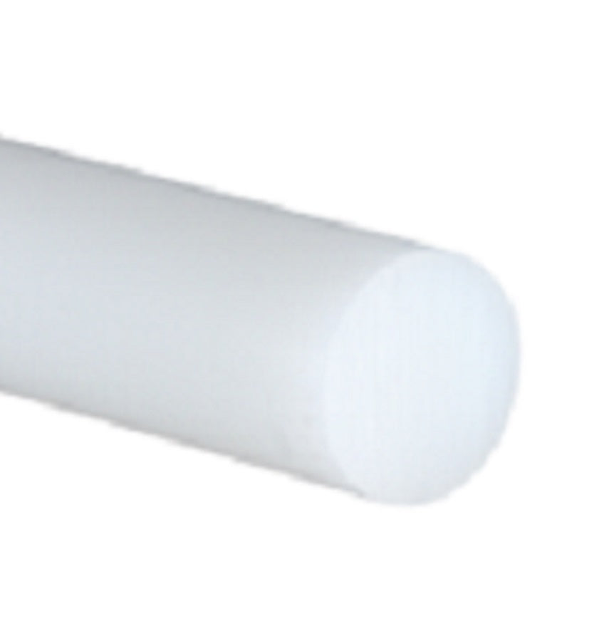 Close-up of an opaque white polypropylene rod on white, rounded end face at the right