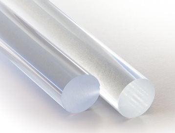 Two clear extruded acrylic rods lying together on white, polished round ends to the camera