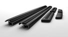 Two long black door moulding strips with matching corner end caps, white background