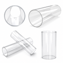 Four colourless clear acrylic tubes on white, one viewed end-on down the bore and three lying at angles.