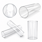 Four-panel studio grid of clear acrylic tube: one viewed down the bore, one upright, two crossed and one angled