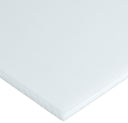 Corner of a matte white PTFE sheet on white, textured cut edge showing the sheet thickness