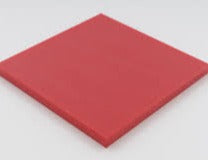 Small square of red polyethylene sheet on a white background, cut edge catching the light