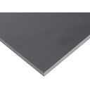 Corner of a dark grey rigid PVC sheet on white, matt face and pale square-sawn edge