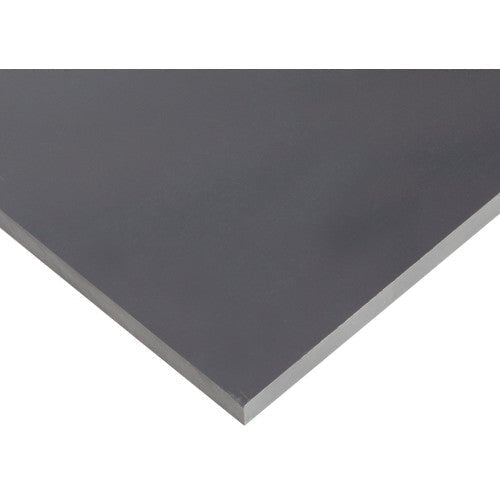 Corner of a dark grey rigid PVC sheet on white, matt face and pale square-sawn edge