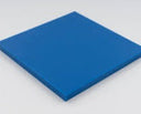 Small square of bright blue polyethylene sheet angled on a white background, edge thickness visible