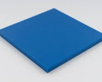 Small square of bright blue polyethylene sheet angled on a white background, edge thickness visible