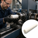 Engineer sliding a white acetal sleeve onto a steel shaft on a blue machine, inset of a white rod