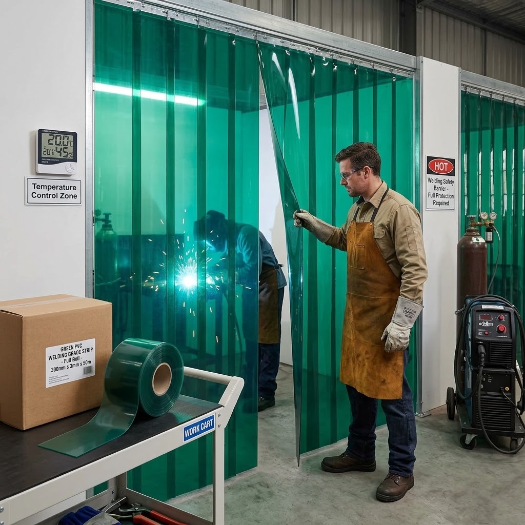 Welder in a leather apron at a green PVC strip curtain bay, arc flashing behind and a roll on a trolley