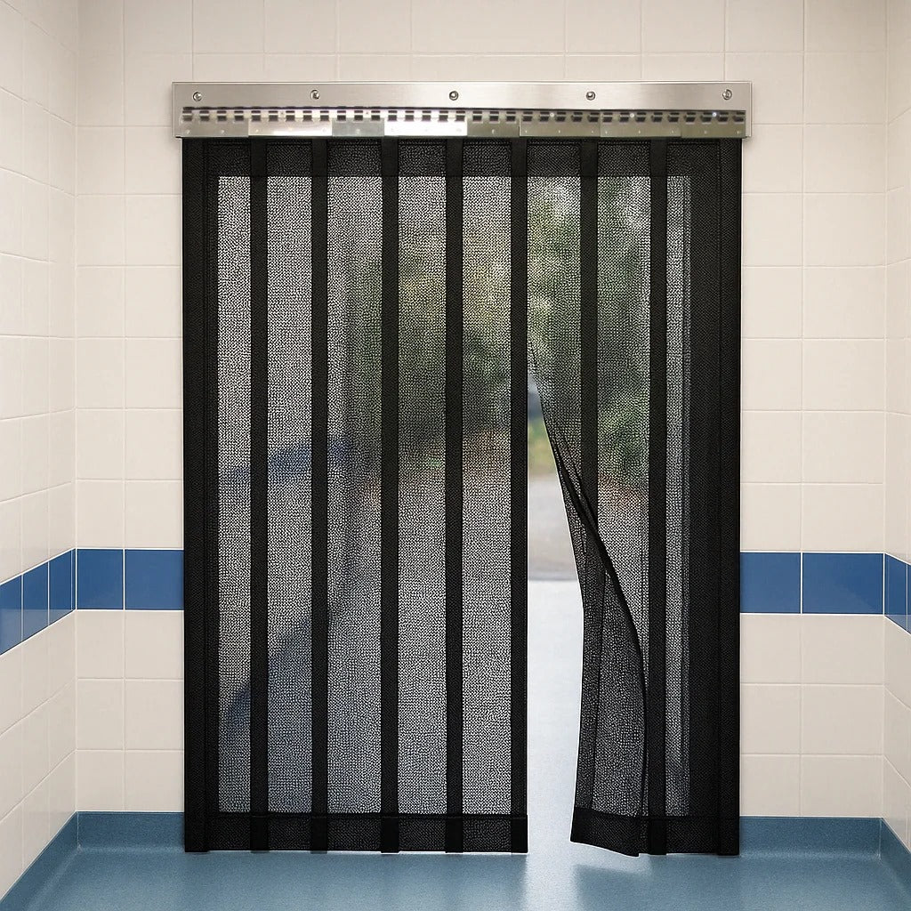 Flymesh insect strip curtain kit with hook-on rail - 200mm mesh strips 36% overlap
