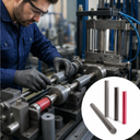 Machinist assembling grey PVC spacers on a steel shaft in a press, inset of grey, black and red rods