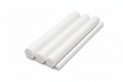 Four plain white PETP rods of decreasing diameter lying parallel on a white background