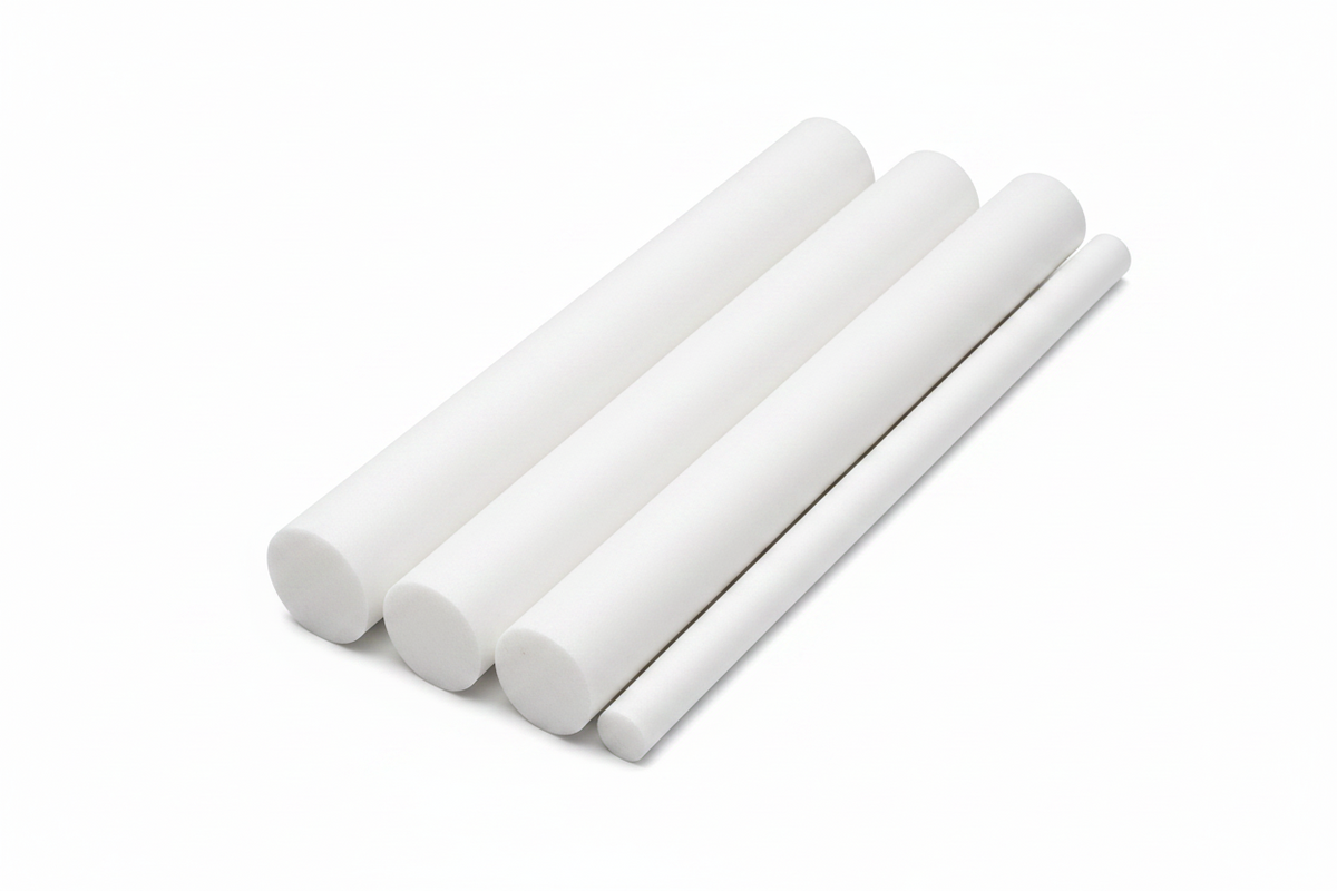 Four plain white PETP rods of decreasing diameter lying parallel on a white background