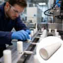 Technician in blue gloves placing white PTFE parts on an automated production line; inset shows a plain white tube.
