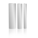 Three white PVDF tubes standing upright in descending diameter, reflected on a glossy white surface