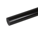 Glossy black acetal rod on white, angled with its round cut end towards the right