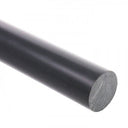 Charcoal-dark PVC rod on white, its paler streaky sawn end face towards the right
