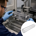 Technician in safety glasses and blue gloves setting a clear acrylic tube in a milling machine; inset shows the plain tube.