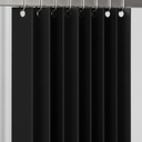 Close-up of black PVC strips hooked onto a stainless rail with round eyelets