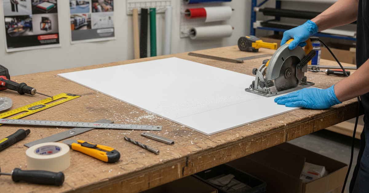 Worker in blue gloves cutting a white PVC sheet with a circular saw on a timber bench, tools laid out