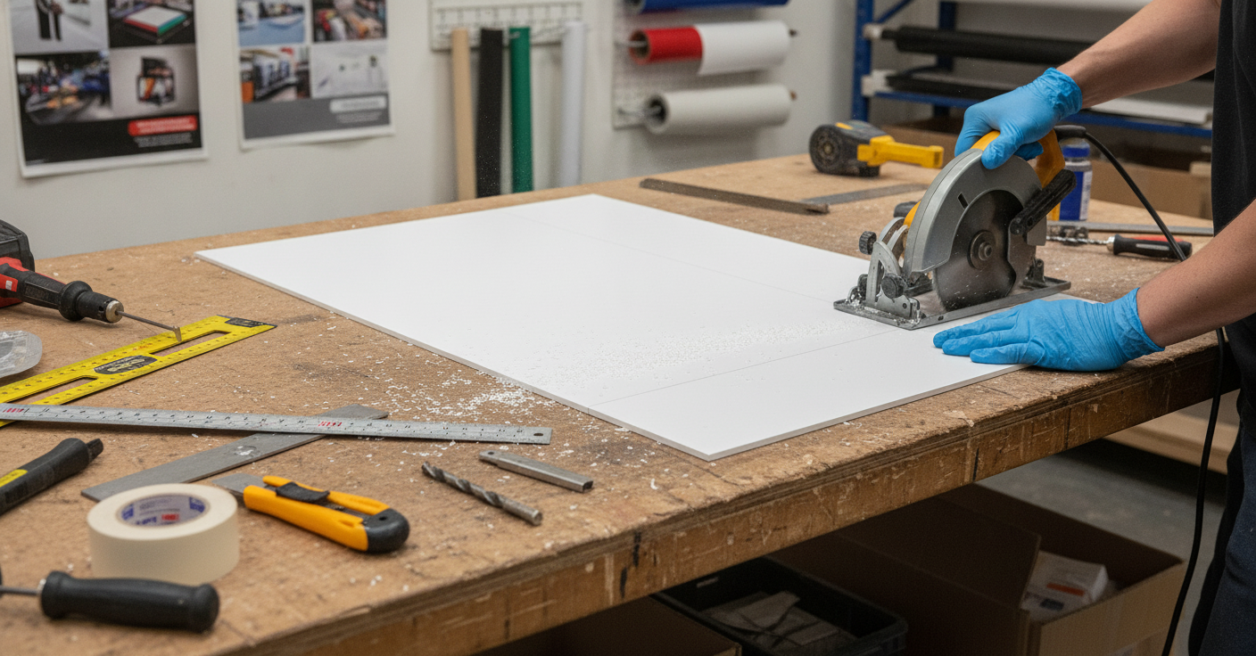 White uPVC rigid plastic sheet being cut to size in UK fabrication workshop