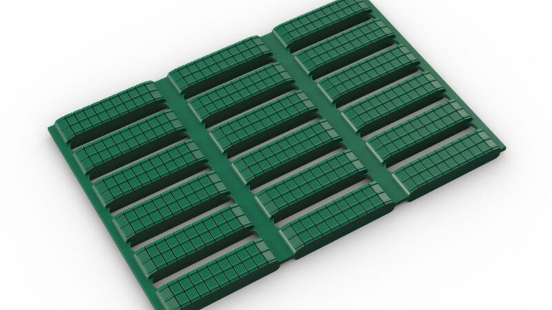 3D render of modular, dark green Lightweight Non-Slip Matting with a ribbed and grid surface texture, designed as an anti-fatigue, hygienic drainage floor mat for wet areas.