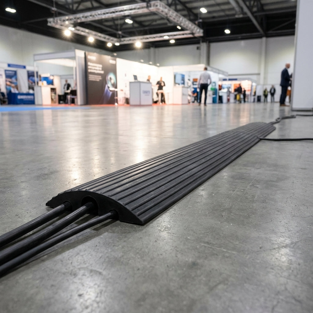 Black cable protector in use on an exhibition hall floor with power cables running through its channels