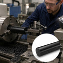 Machinist in safety glasses turning a black Delrin bar in a lathe with black swarf, inset of the rod
