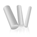 Three white PVDF rods propped at fanned angles, mirrored on a white reflective surface