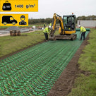 Crew rolling green ground mesh over soil beside a mini digger; yellow badge on the image reads 1400 g/m2