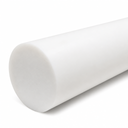 Close-up of a thick white PTFE rod lying diagonally on white, its smooth cut end facing the camera