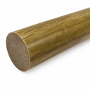 Olive-brown Tufnol rod close up on white, grainy laminate surface and matt sawn end at the left