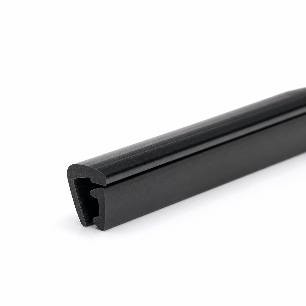 Plain black door moulding profile, angled view, white background