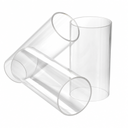 Three large-bore clear acrylic tubes crossed at angles, cut ends towards the camera, on a white background.
