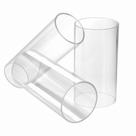 Three large-bore clear acrylic tubes crossed at angles, cut ends towards the camera, on a white background.