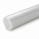 Pearly white PET rod angled across white, slightly domed cut end towards the bottom left