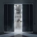 Black strip curtain parted in a cold store doorway, cold mist spilling out towards a lit warehouse