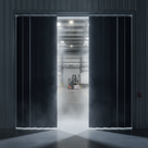 Black strip curtain parted in a cold store doorway, cold mist spilling out towards a lit warehouse