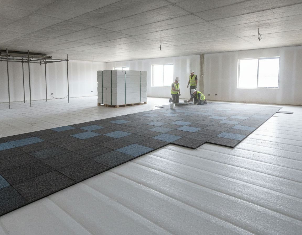 Workers laying carpet tiles on white floor protection sheets during UK commercial fit-out