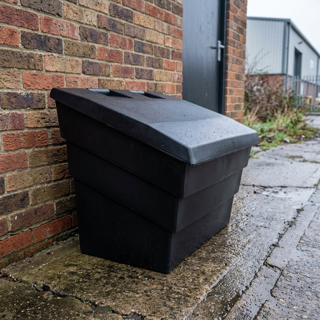 Small black recycled polyethylene grit bin with an angled lid on a concrete path against a brick wall at a commercial unit