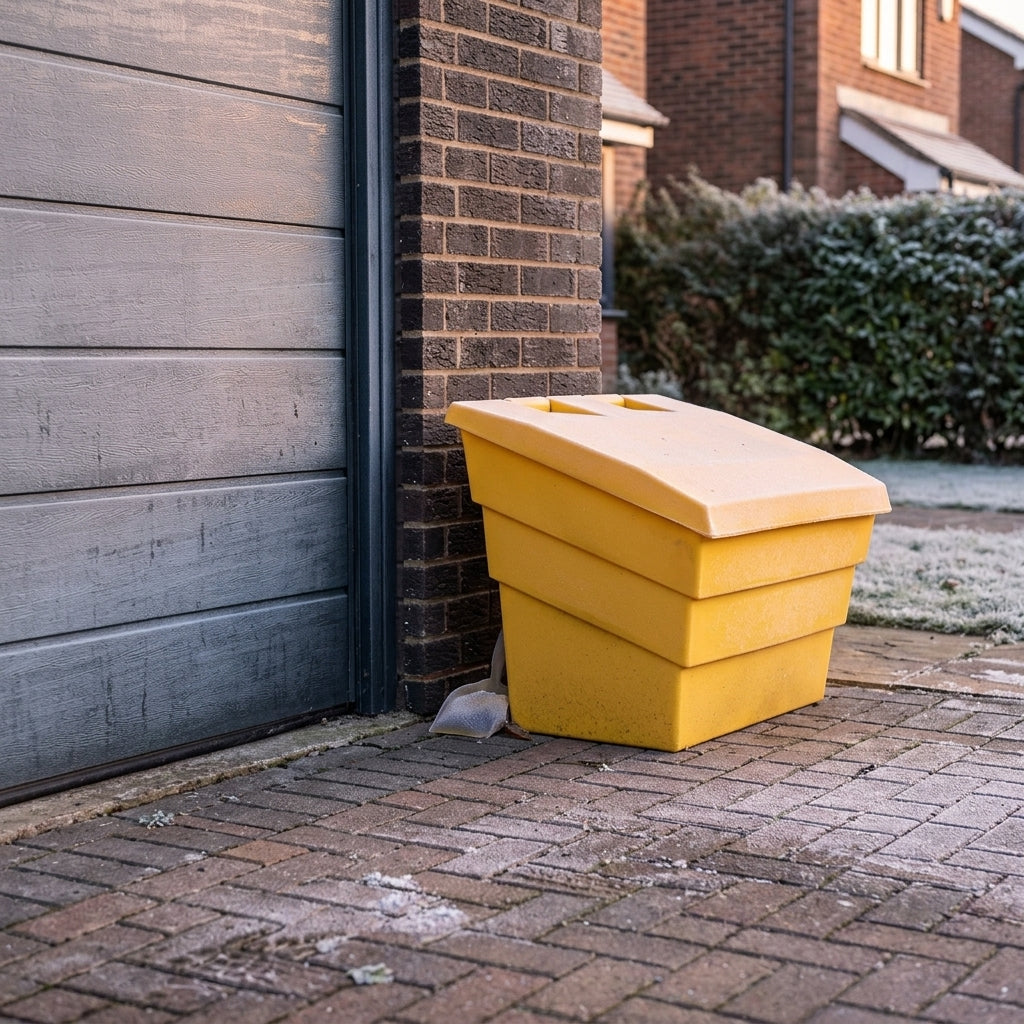 Small yellow grit bin with an angled lid standing on a block-paved driveway beside a garage door on a frosty morning