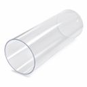 Single large-bore clear acrylic tube lying at an angle, cut end towards the camera, on a white studio background.